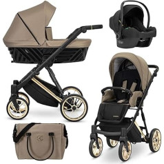 Kunert® IVENTO 3-in-1 kombinuotas vežimėlis, komplektas, įskaitant vaikišką vežimėlį, sportinę sėdynę ir automobilinę kėdutę su persirengimo krepšiu, lietpalčiu ir kojų muliažu I IVE 10 Caramel Macchiato / Auksinis rėmas
