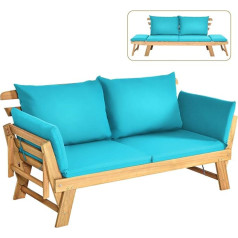 COSTWAY Akacijų medžio sofa-lova su reguliuojamais porankiais, sulankstomas šezlongas su porankiais ir pagalvėlėmis Lauko sodas, baseinas, kiemas (turkio spalvos)