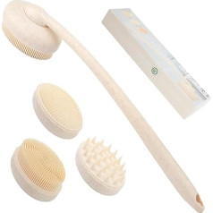 FREATECH 3-in-1 silikoninis kūno šveitiklis su ilga, išlenkta rankena ir 3 keičiamais šepetėliais, vonios, dušo, kūno šepetys, šveičiamasis šepetys, plaukų masažuoklis, galvos odos šveitiklis, higieniškas ir tvarus