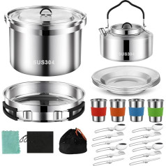 Camping-Kochgeschirr-Set, 304 Edelstahl, Camping-Kochset, Camping-Topf- und Pfannen-Set mit Schlagbechern, Tellern, Gabeln, Messern, Löffeln zum Wandern, Picknick, Camping für 4 Personen