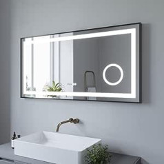 AQUABATOS® 120 x 60 cm LED vonios veidrodis su apšvietimu Vonios veidrodis Skaitmeninis laikrodis Aliuminio rėmas Juodas matinis lietimui jautrus Pritemdomas Vėsiai baltas šildomas nuo rūko Makiažo veidrodis 3x didinimas