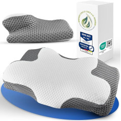Ortopedinė atminties putų kaklo pagalvė, kaklo pagalvė su 2 aukščiais, ergonomiška šoninio miego pagalvė visoms miego pozoms, pilka/balta