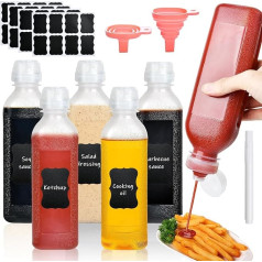 473 ml talpos buteliukai prieskoniams išspausti, 5 plastikiniai buteliukai su apverčiamais dangteliais, daugiafunkciniai buteliukai aliejui, karštam padažui, kečupui, BBQ (2 silikoniniai piltuvėliai, 5 kreidinės etiketės ir