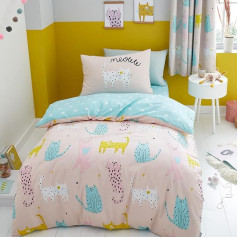 Catherine Lansfield Cute Cats Reversible Bedding Set with Pillow Cases Pink