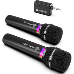 ECHOMUSSY belaidis mikrofonas, įkraunamas belaidis dvigubas mikrofonas su 1:1 lusto jungtimi ir LED žibintais, 40 valandų veikimo laikas, 200 pėdų priėmimo diapazonas, karaokės mikrofonas dainavimui