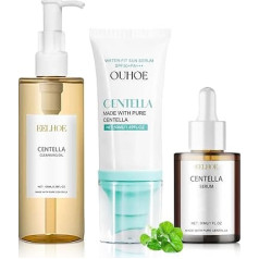 Centella Asiatica odos priežiūros rinkinys, Centella valomasis aliejus + Centella serumas + Centella apsauginis kremas nuo saulės SPF 50, Centella Asiatica ekstraktas, tinka jautriai odai
