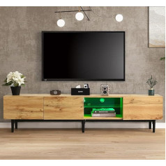 Rtopsu Televizoriaus spintelė 175 cm ilgio, televizoriaus stovas su LED apšvietimu, skirtas televizoriams iki 80 colių, televizoriaus spintelė su 3 durelėmis ir laikymo vieta svetainei, valgomajam, miegamajam, mediena, natūrali