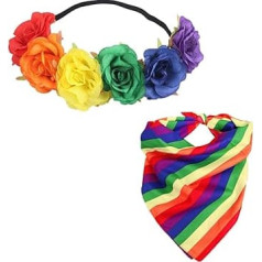 1 vnt. dirbtinės vaivorykštės gėlių ištempimo galvos juosta su 1 vnt. vaivorykštės aikštės bandana, vestuvių nuotakos galvos juosta galvos apdangalai atostogų kelionės vaivorykštės plaukų aksesuarai pasididžiavimo mėnesiui