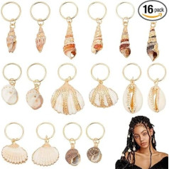 PLIGREAT Pack of 16 Shell Dreadlock Rings Charms Braids Plaukų aksesuarų rinkinys DIY plaukų aksesuarai Sparkling Gold Edge Shell Pendant Plaukų pakabukas Moterims Vyrams Plaukų pynimai Ponytail Plaukų apdaila, 8