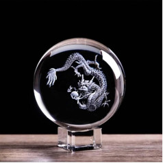 Drakono figūrėlės su kinų zodiako ženklu, 3D graviravimas lazeriu, krištolo rutulys, stiklo rutuliukai, gaublys, namų menas, drakono rutulys ir pagrindas, 80 mm