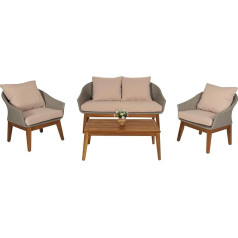 Mendler HWC-N37 Sodo / poilsio komplektas Sofa-lovos komplektas, poliaratano mediena, akacija - pilka, pagalvėlė - smėlio spalvos