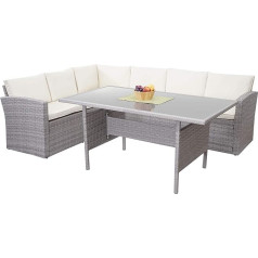 Mendler HWC-A29 Poly Rattan sodo baldų komplektas Lounge Valgomojo stalo komplektas Sofa Šviesiai pilka pagalvėlė Cream