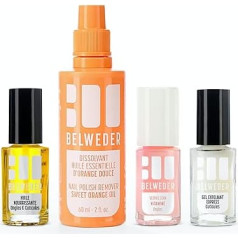 Nagų priežiūros rinkinys: 7,5 ml ekspresinio šveičiamojo gelio + 7,5 ml maitinamojo aliejaus + 7,5 ml vitaminų priežiūros nagų lako + 60 ml švelnaus nagų lako valiklio