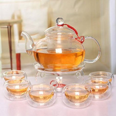 Atsparus karščiui elegantiškas stiklinis arbatos puodų rinkinys Infuzoriaus arbatinukas + šildytuvas + 6 dvigubos sienelės arbatos puodeliai Skaidrus 600 ml