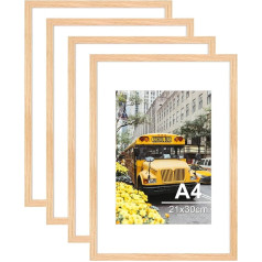 4 x nuotraukų rėmeliai iš natūralaus medžio, DIN A4 (21 x 30 cm) su nedūžtančiu akrilo stiklu, mediniai nuotraukų rėmeliai vertikaliam arba horizontaliam kabinimui, nuotraukų laikiklis Dėlionė Medinis rėmelis
