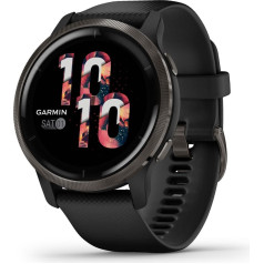 Laikrodis garmin venu 2 (45 mm) su nerūdijančio plieno rėmeliais / juodu korpusu / silikoniniu dirželiu