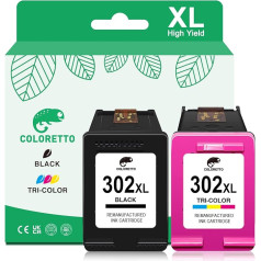 COLORETTO 302 XL spausdintuvo kasetės, skirtos HP Envy 4520, skirtos OfficeJet 3830 3831 3833 4650 4656 Deskjet 3630 3632 3636 3639 2130 Envy 4522 4523 4525 4527, skirtos HP 302 kasetėms (1 juoda, 1 spalvota)
