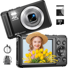 4K skaitmeninis fotoaparatas su 32 GB TF kortele, 64 MP automatinio fokusavimo fotoaparatas su 16x skaitmeniniu priartinimu, nešiojamas kompaktiškas fotoaparatas su įkraunama 1200 mAh baterija, USB laidu, skirtas paaugliams, suaugusiesiems, pradedantie