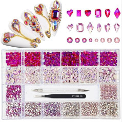 Yzzseven 12 Arten von rosa AB 600 Diamanten + 2500 flache Strasssteine Mix 20 Stile flache Rückseite DIY Handwerk Strass Kristalle 3D Dekorationen flache Rückseite Steine Set + Pinzette + Bohrstift