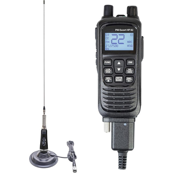 Komplektas PNI Escort HP 82 Multistandard 4W 12V AM-FM nešiojamoji CB radijo stotis su CB antena PNI LED 2000