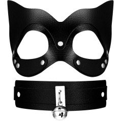 Flongo Odinė katės kaukė su apykakle moterims: 2 dalių juoda seksuali pankų katės kaukė su kniedėmis ir varpeliais Reguliuojama Cosplay pusės kaukė, skirta vaidmenų žaidimų vakarėliams Naktiniai klubai