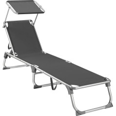 SONGMICS GCB19GYV1 Šezlongas, gultas, sodo gultas, su stogeliu nuo saulės, reguliuojamu atlošu, sulankstomas, lengvas, 55 x 193 x 31 cm, pakraunamas iki 150 kg, sodui, balkonui ir terasai, antracito spalvos
