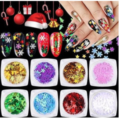 EBANKU 8 dėžutės Kalėdų nagų dailė Sequins Snaigės blizgučiai, holografinės lazerinės kalėdinės nagų dribsniai Sequin Kalėdų eglutė nagų apdaila DIY Kalėdų nagų veido kūno apdaila