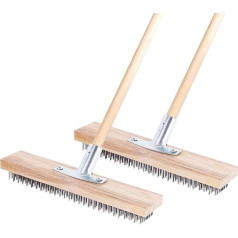 30 cm vielinė šluota su tvirtu metaliniu laikikliu, 2 vnt. plieninių šluotų su lizdu medinei rankenai, metalinė sodo šluota, skirta sodo samanoms, piktžolėms, įsisenėjusioms dėmėms šalinti, sidabrinė