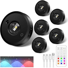 Vitrinų apšvietimas LED vitrinų apšvietimas USB įkraunamas RGB LED taškinis akumuliatoriaus apšvietimas belaidis su nuotolinio valdymo pulteliu apvalus netiesioginis apšvietimas su laikmačiu, 6 vnt.