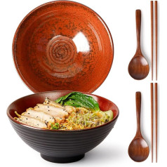 NUTRIUPS Ramenos dubenėlių rinkinys iš 2 dalių (6 vnt.) 1200 ml keraminis Ramenos dubenėlis su šaukštu ir lazdelėmis, japoniškos sriubos dubenėlis 20 cm Ramenos dubenėlis (raudonas)