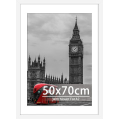 50 x 70 cm baltas rėmelis - 50 x 70 cm medžio kompozito ir stiklo paveikslų rėmelis su A2 laikikliu, skirtas 50 x 70 cm / A2 formato nuotraukoms ir plakatams Sieninis plakatų rėmelis 50 x 70 cm