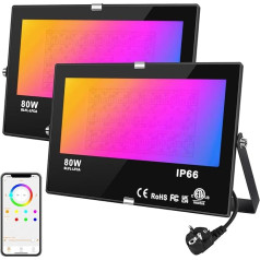 DUSKTEC LED Strahler RGB mit Stecker Dimmbar, Außenstrahler Bunt 80W 2 Stück, Outdoor LED Fluter Warmweiss 2700K, Smart Flutlicht Flutlichtstrahler Bluetooth APP Steuerbar für Baum Garten Innen