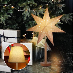 SALCAR LED stalinė lempa su kalėdine žvaigžde, 3D advento žvaigždė, šviečianti popieriuje su mediniu pagrindu / E14 lempa, kalėdinė stalo dekoracija su keičiamu atspalviu, 45 cm popierinė žvaigždė su baltu ir šiltu atspalviu