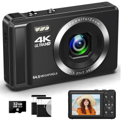 Skaitmeninis fotoaparatas 4K FHD Vlogging Camera, 64MP automatinio fokusavimo kompaktiškas fotoaparatas su 16x skaitmeniniu priartinimu, įkraunamas 2,4 colio mini vaikų fotoaparatas su 32GB atminties kortele