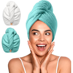 YFONG Mikropluošto rankšluostis moterims Super absorbuojantis greitai išdžiūvantis plaukų turbanas visoms šukuosenoms Anti Frizz Didelis plaukų džiovinimo rankšluostis su mygtuku 2 pakuotė