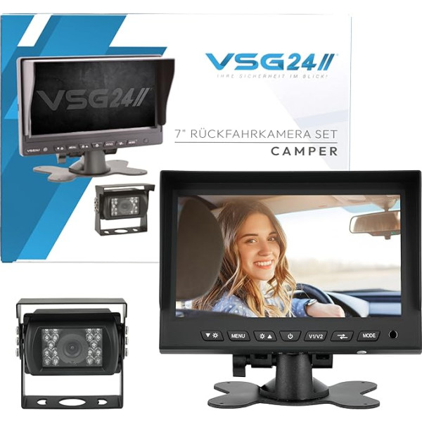 VSG 24 atbulinės eigos kamera 7 colių Kemperio rinkinys, įskaitant kamerą, monitorių, kabelį - vandeniui atspari naktinio matymo 12 V - 24 V Lengvas montavimas / patikima atbulinės eigos sistema, skirta lengviesiems automobiliams Karavanams Sunkve