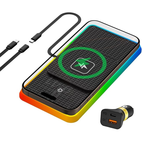 Belaidis įkroviklis RGB, polmxs 15W USB C indukcinio įkrovimo kilimėlis neslystanti indukcinė įkrovimo stotelė Automobilinis LED įkrovimo kilimėlis, suderinamas su iPhone 16 15 15 14 13 12 Airpods Samsung Galaxy