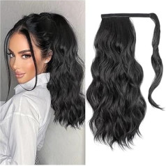 Gesundheit Synthetisches, langes, gewelltes Pferdeschwanz-Haarteil for Umwickeln mit Clip-In-Haarverlängerungen mit Pony-Clips vorne und zwei seitlichen Ponyfransen for Frauen Körperpflege(Black,16inc