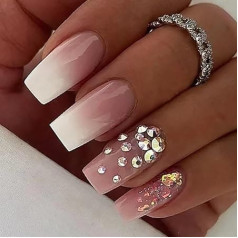 Prancūzų dirbtiniai nagai Rhinestone Press on Nails Pink Gradient Stick on Nails Dirbtiniai Rusable Fake Nails 24vnt moterims ir mergaitėms, su kietais klijais, nagų lempa