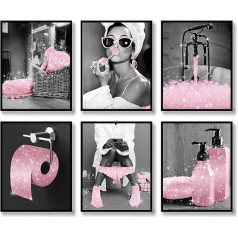 Mada Sienų menas Dekoras Atspausdina Rinkinys iš 6 juodai baltos rožinės spalvos Glam Glitter drobė Plakatas Nuotraukos Nuotraukos Meno kūriniai Sienos Šiuolaikinės Moterys Juokinga Vonios kambarys (B&W Pink, 8 x 10 colių neįrėmintas)
