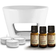 Keramikinis aromatinis degiklis baltos spalvos arbatos žibintui su eterinių aliejų rinkiniu 3 kvapai x 10 ml aromaterapijai, atsipalaidavimui, aliejiniam degikliui kambario gaivinimui (levandų aliejus, pipirmėčių aliejus, eukaliptų aliejus)