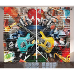 ABAKUHAUS Graffiti kaimiškos užuolaidos, instrumentų koliažas, džiaugsmingas, gyvenamasis kambarys Universalios juostinės užuolaidos su kilpomis ir kabliukais, 280 x 245 cm, geltonos spalvos, Aqua