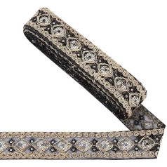 AHANDMAKER 10 jardų derliaus žakardo juosta Išsiuvinėta juosta 1,77 colio pločio juodas deimanto raštas su austi Sequins išsiuvinėta žakardo juosta etniniu stiliumi siuvimo drabužių apdaila