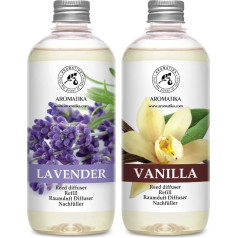 Kambario kvapų difuzoriaus užpildas Vanilė 500 ml ir levandos 500 ml - 2 x 500 ml - Kvapų difuzoriaus užpildų rinkinys - Kambario kvapas - Kambario kvapas - Difuzoriaus užpildas - Kambario oras - Vanilės kvapas