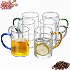 ANWONE Skaidrios kavos stiklinės, 315 ml, geriamosios stiklinės su spalvota rankenėle, karščiui atsparios kavos puodeliai, Latte Macchiato stiklinės, arbatos puodeliai, skirti vakarėliams ir restoranams, 6 stiklinių rinkinys