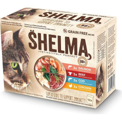 Shelma paketėlis - visavertis suaugusių kačių ėdalas be grūdų su vištiena, jautiena, lašiša, menke 12x 85 g