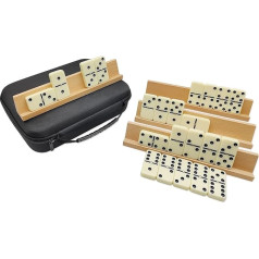 Suaugusiųjų domino kaladėlių rinkinys su 4 medinėmis lentynėlėmis, dvigubų 6 domino kaladėlių žaidimo rinkinys su 28 spalvotomis kaladėlėmis, dvigubų šešių domino kaladėlių rinkinys su kelioniniu dėklu, klasikiniai stalo žaidimai