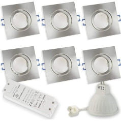 6x LED įleidžiami prožektoriai Silver Square 5 Watt Cool White Super Flat 12 V MR16 Tinka vonios kambariui lauke IP44-60-70 mm Bore Hole Round Spot
