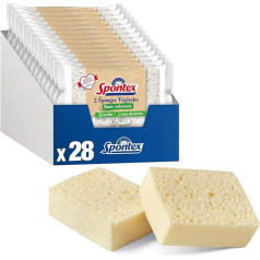SPONTEX - 28 kempinės (14 pakuočių po 2) Augalinės, be dažiklių - pakuotė iš 85 % perdirbto plastiko - sugeria 20 x sausą svorį - 100 % augalinės, be dažiklių ir pagamintos