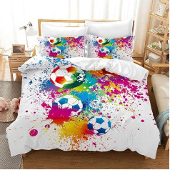 Futbolo patalynė 135 x 200 cm berniukams, 3D futbolo spausdinimo antklodės užvalkalas, mikropluošto vaikiška patalynė su užtrauktuku ir 2 pagalvių užvalkalai 50 x 75 cm (F02)